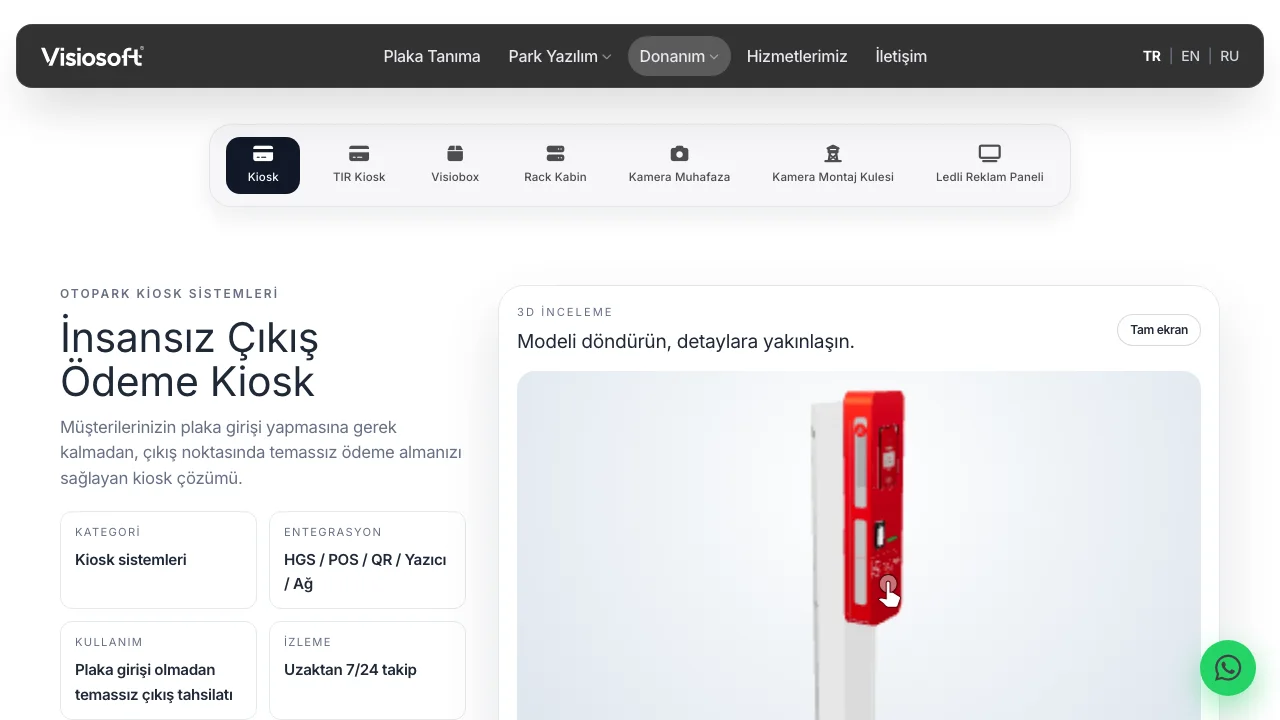 Visiosoft donanım ürünleri içinde kiosk ürün sayfasının 3D inceleme ekranı